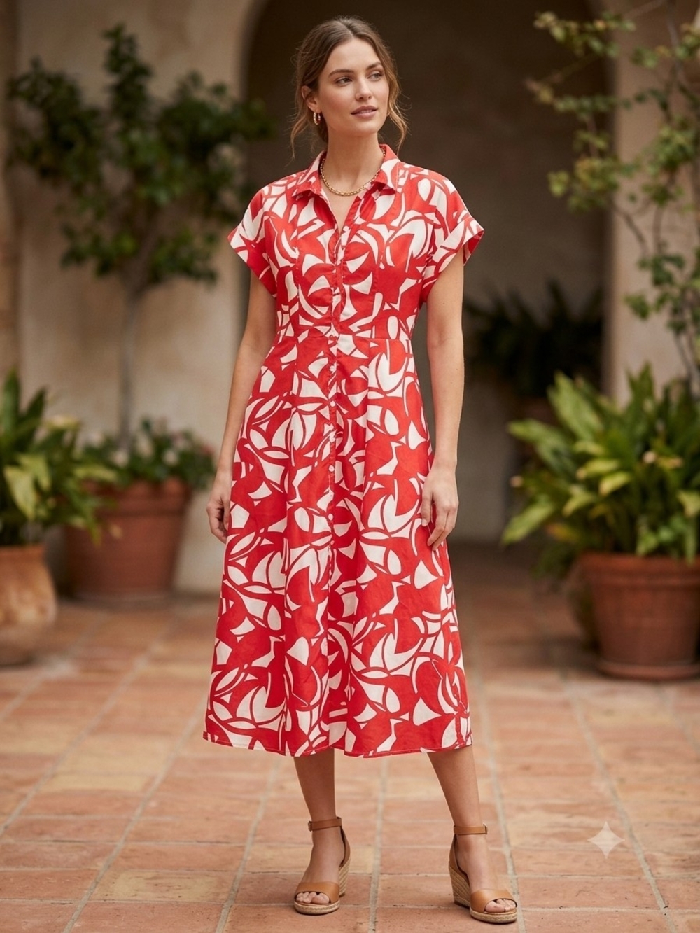 Truly 4 You Red Ivory Abstract Print Button-Front Shirt Dress M